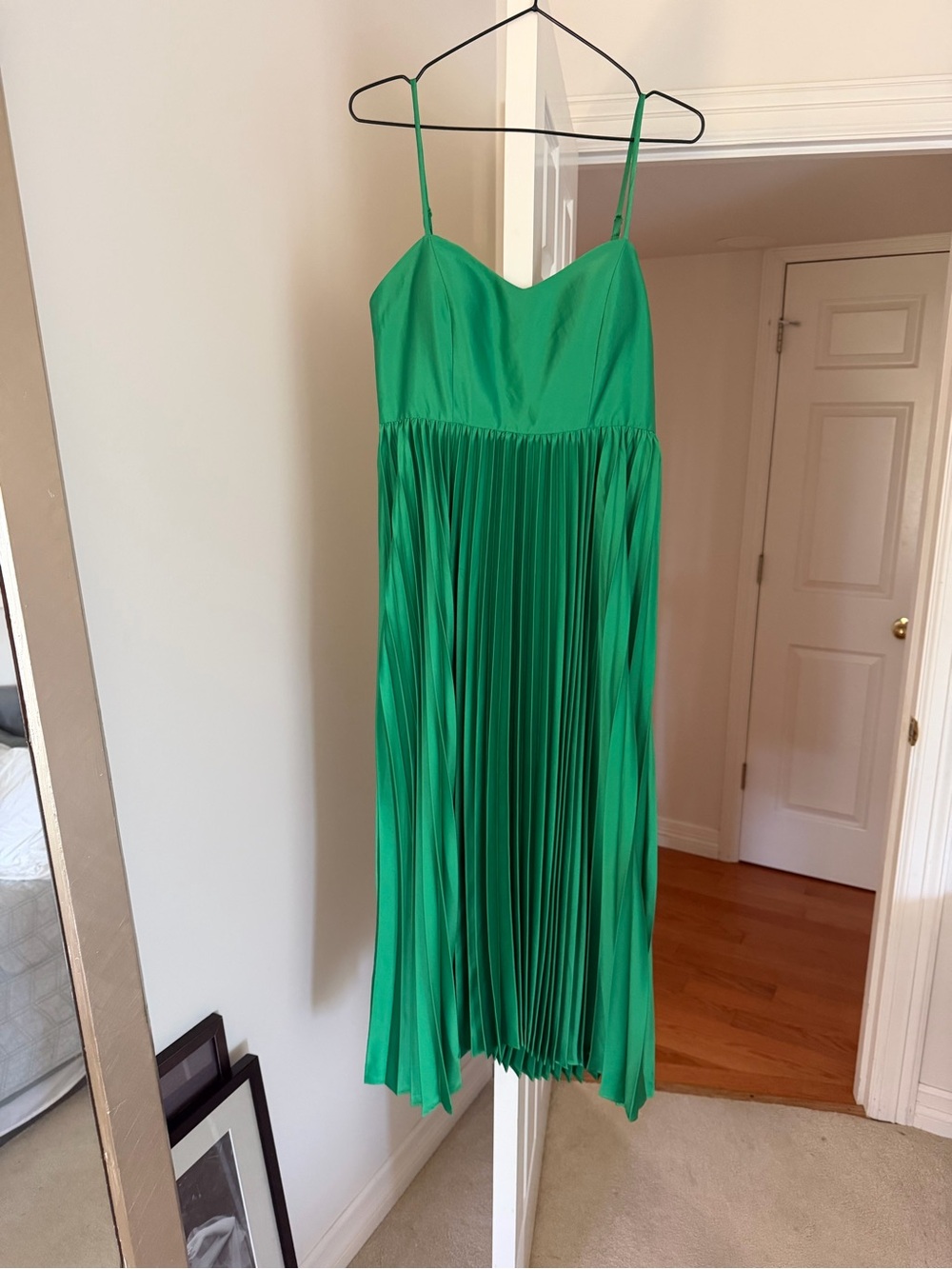 Nicole Miller Green Pleated Midi Dress with Spaghetti Straps